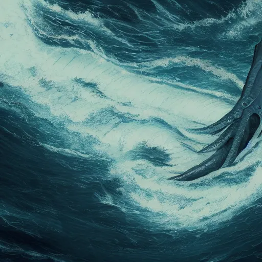 Prompt: top down view of a leviathan emerging from a deep ocean during a storm, cinematic lighting, dramatic, masterpiece, trending on artstation