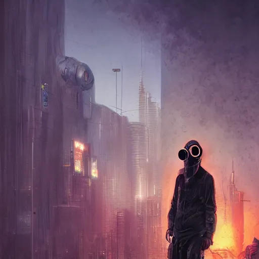 Prompt: Portrait of a Guy in a Gasmask, Cyberpunk city, street vendors, citizens, augmented cyborgs, robots, skyscapers, buildings, clouds, sunset, painted by seb mckinnon, high detail, digital art, trending on artstation