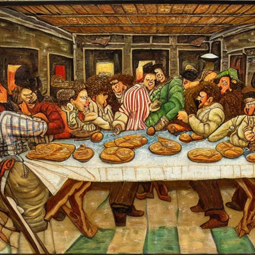 Image similar to monumental, chaotic by mark briscoe. a beautiful street art of a group of people gathered around a table in a tavern. they are all eating & drinking, & appear to be enjoying themselves.