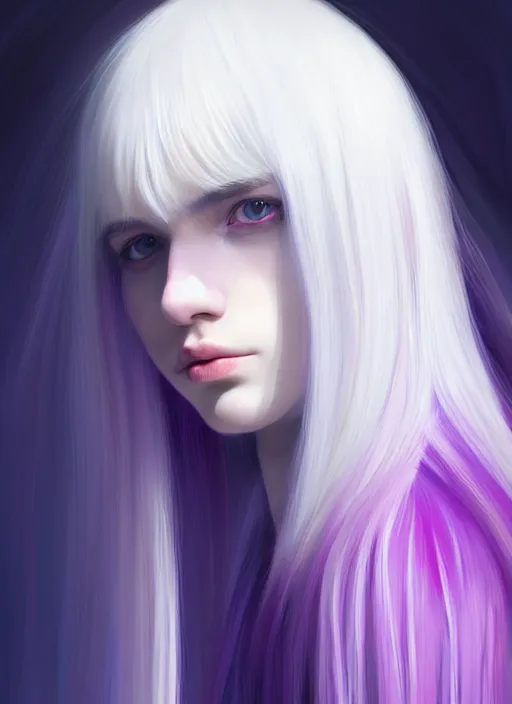 Image similar to hair whitebangs hair, black hair, whitebangs, portrait of teenage girl with white bangs, red irises, purple clothes, white bangs, bangs are different color from hair, intricate, elegant, glowing lights, highly detailed, digital painting, artstation, concept art, smooth, sharp focus, illustration, art by wlop, mars ravelo and greg rutkowski