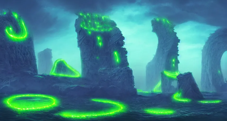 Image similar to luminous algae vines cover the ruins of an alien monolithic monument to the true prophet on the bottom of the ocean, vivid colors, matte painting, 8K, concept art, mystical color scheme, trending on artstation