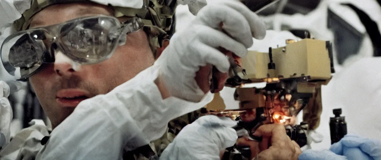 Image similar to filmic extreme close up shot movie still 4 k uhd interior 3 5 mm film color photograph of a scientist putting his hands into the mouth of a camouflaged solder in a lab in antarctica