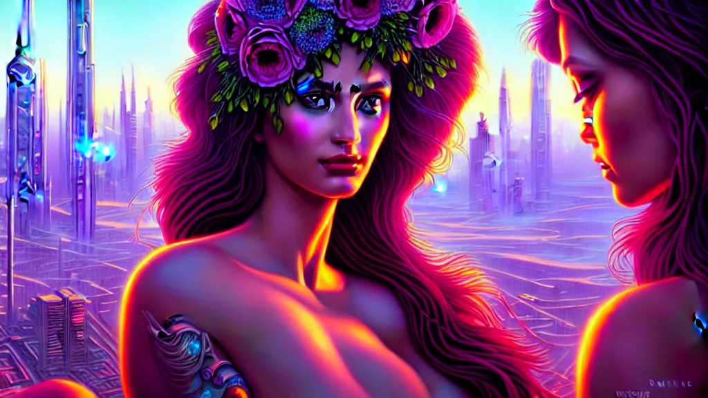 Image similar to a beautiful closeup 4K portrait painting of a flower goddess in a sensual pose, in the style dan mumford artwork, in the background a futuristic cyberpunk city is seen.