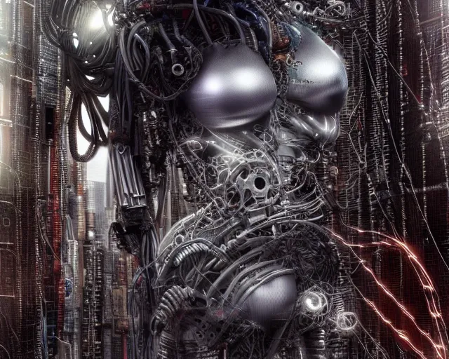 Image similar to photo of a biomechanical torso of a cyborg plugged into a quantum computer with cables and wires. cyberpunk horror style. art by luis royo. highly detailed 8 k. intricate. nikon d 8 5 0 5 5 mm. award winning photography.