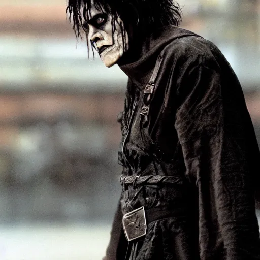 Prompt: Willem Dafoe as the crow, film still from the crow, detailed, 4k