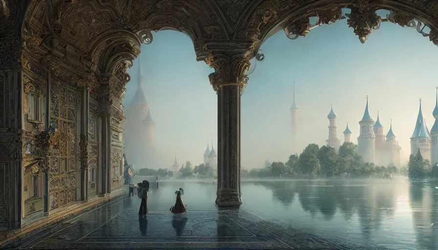 Image similar to vanishing point, palace like the kremlin in distance on a lake is covered with aqua blue roses, viewed from afar, stephen bliss, misty, unreal engine, fantasy art by greg rutkowski, loish, ferdinand knab, and lois van rossdraws,, global illumination, radiant light, minimalist, detailed and intricate environment