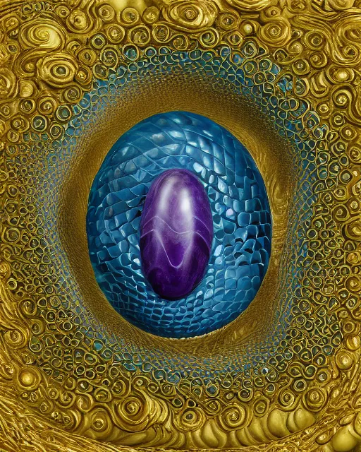 Image similar to a photo of a sculpture of a snake encircling a marble egg made from blue and emerald and amethyst crystal geode formations with liquid gold tendrils by jean pierre roy by stanisław szukalski by beeple, octane render, recursive, tendrils, tessellation, elestial crystals, geode, refracted light