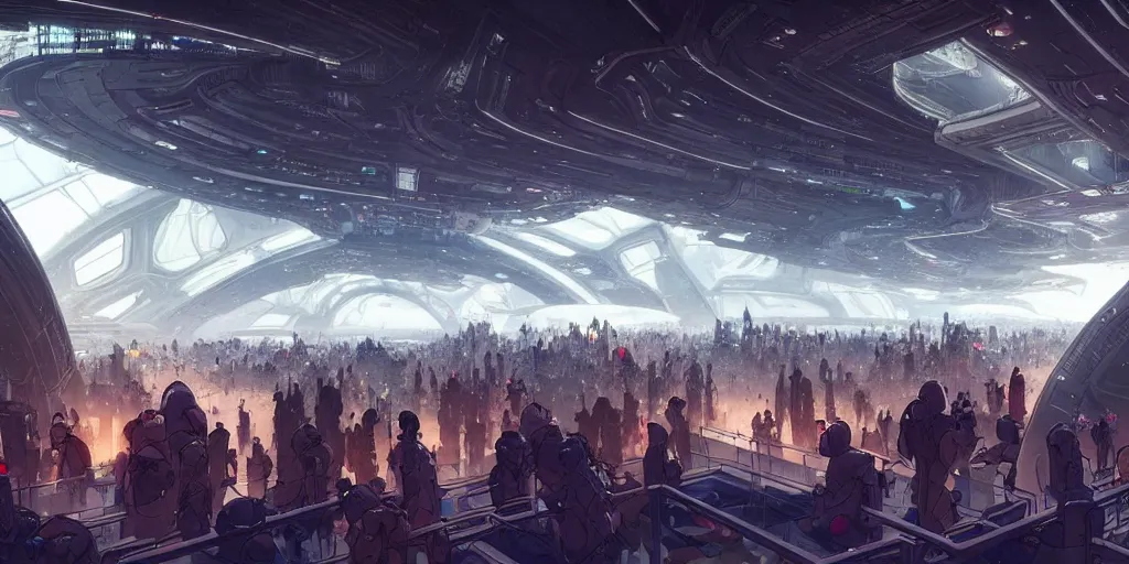 Image similar to the interior of a futuristic spaceport, large crowd of people in the foreground, by kim jung gi and greg rutkowski, rule of thirds