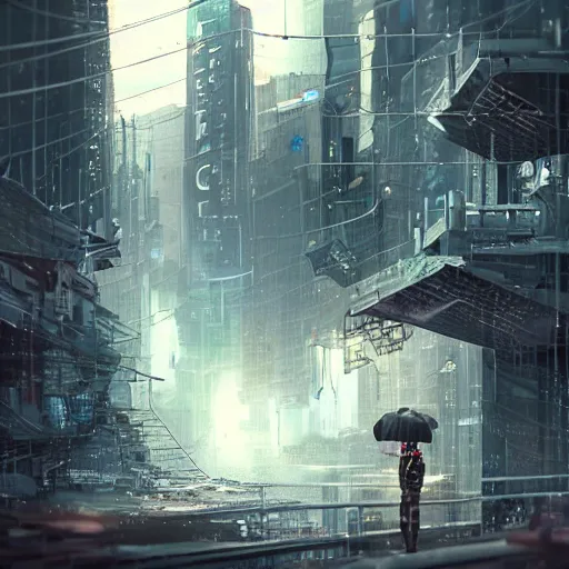 Prompt: a heartfelt unspoken love story between two robots overlooking a crumbling empty city, third person, cyberpunk, dystopia, rain, bittersweet