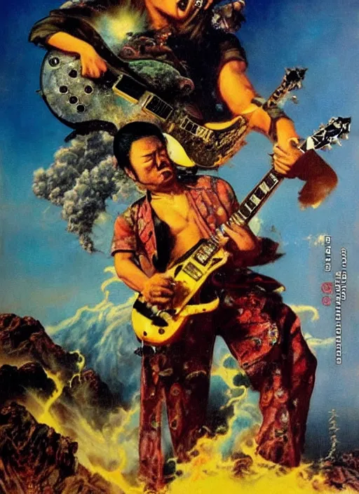 Prompt: changpeng zhao shredding on a gibson les paul, painting by frank frazetta, heavy metal artwork, bad motherfucker playing a face - melting solo while a volcano erupts