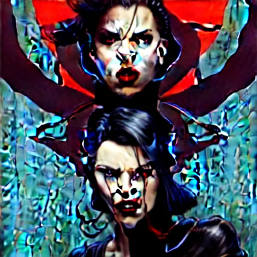 Image similar to rafael albuquerque comic art, art nouveau, peter mohrbacher, artgerm, pretty scarlett johansson vampire sharp vampire teeth open mouth, symmetrical eyes, black leather jacket, jeans, long blonde hair, full body