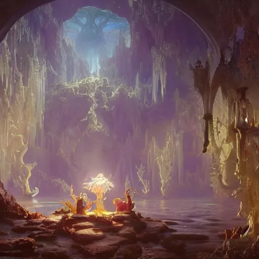 Prompt: beautiful painting, highly detailed, crystal lighting, mystical, hyperrealistic, 4 k, unreal engine, magical, by albert bierstadt, joe fenton, greg rutkowski, greg tocchini, kaws, kate beaton, and kaethe butcher