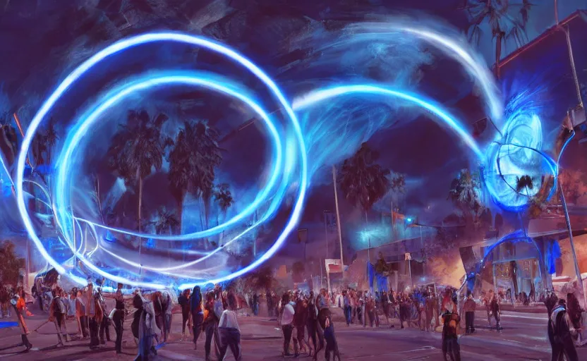 Prompt: crowd of crazy people with posters attacking cops in front a huge blue spiral - shaped bright white luminous attractor that is floating and stores in los angeles with light screens all over the street, concept art, art for the game, professional lighting, night lighting from streetlights