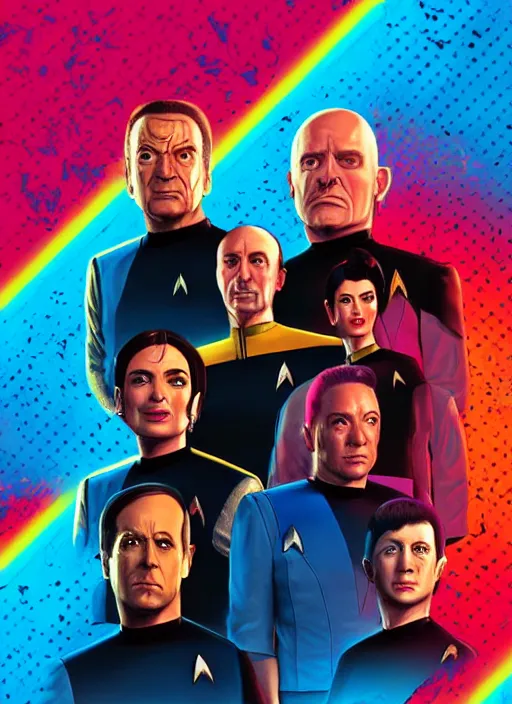 Image similar to Star Trek TNG crew portrait photo, Cyberpunk 2049, highly detailed, pop art poster, vector art, Unreal engine, Octane render, Weta digital, HDRP, RTX, volumetric lighting, poster artwork by Michael Whelan and Tomer Hanuka