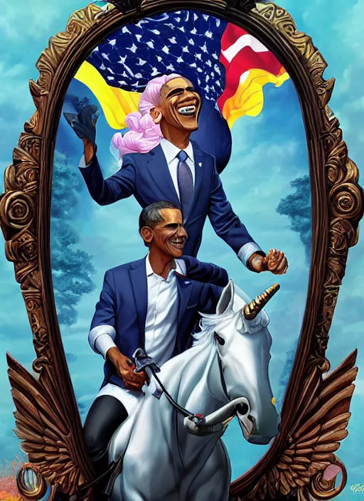 Image similar to portrait of obama riding an unicorn, pixar style, by tristan eaton stanley artgerm and tom bagshaw.