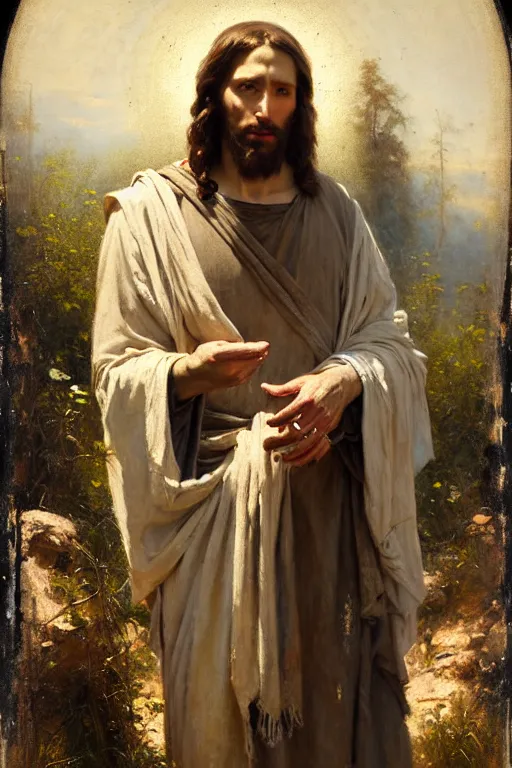 Image similar to photograph imax and solomon joseph solomon and richard schmid and jeremy lipking victorian loose genre loose painting full length portrait painting of jesus