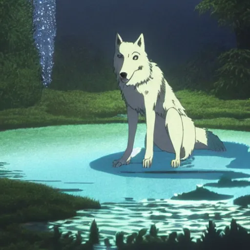 Image similar to wolf, forest, drinking water from an illuminated pool, hayao miyazaki, masashi ando, nizou yamamoto, kazuo oga, joe hisaishi, yoji takeshige, naoya tanaka