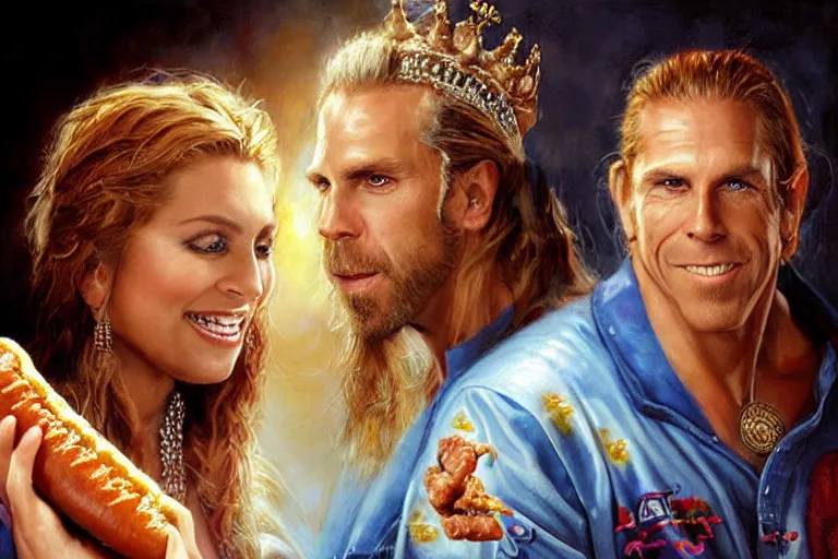 Image similar to portrait of wwf shawn michaels and queen elizabth ii sharing hotdogs, an oil painting by ross tran and thomas kincade