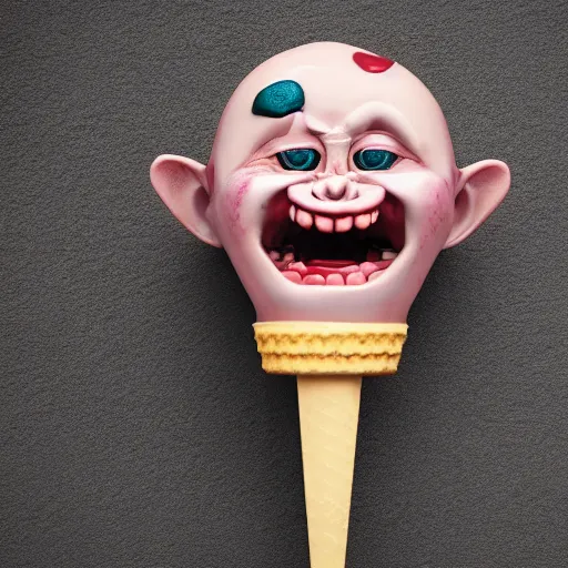 Prompt: ice cream popsicle shaped like screaming chucky doll, octane render, centered, highly detailed