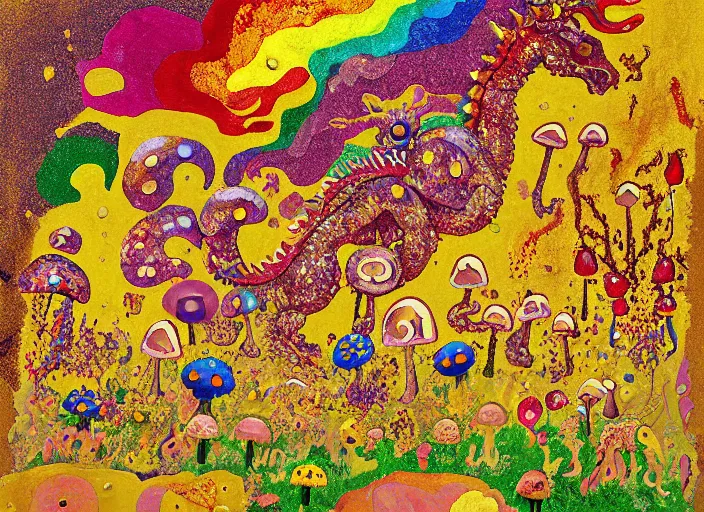 Image similar to pixel decollage painting golden armor alien zombie horseman riding on a crystal bone dragon broken rainbow diamond maggot horse in a blossoming meadow full of colorful mushrooms and golden foil toad blobs in a golden sunset, distant forest horizon, painted by Mark Rothko, Helen Frankenthaler, Danny Fox and Hilma af Klint, pixelated, neo expressionism, semi naive, pastel colors, cinematic, color field painting, cave painting, voxel, pop art look, outsider art, minimalistic. Bill Traylor painting, part by Philip Guston, Amano and Francis Bacon. art by Adrian Ghenie, very coherent symmetrical artwork, cinematic, hyper realism, high detail, octane render, unreal engine, Smooth gradients, depth of field, full body character drawing, extremely detailed, 8k, extreme detail, intricate detail, masterpiece