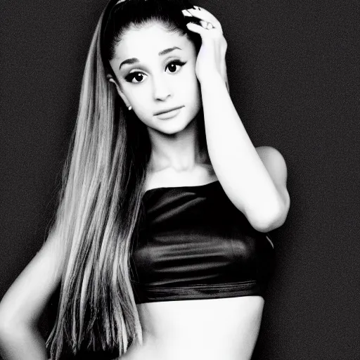 Image similar to Ariana grande, photograph, black background, swimsuit, posing, new song, 4k photo, famous photograph