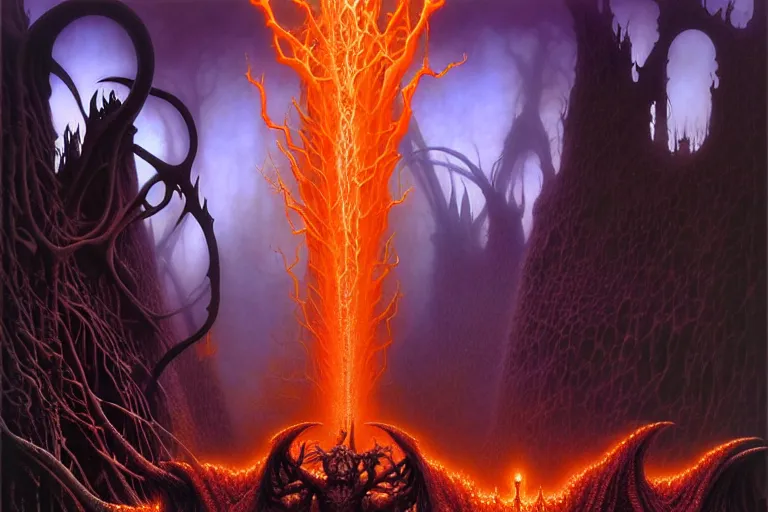 Image similar to darker shades of forgotten misery and despair by michael whelan and roger dean and brom and hubert robert and greg staples and donato giancola, beautiful, mythical, scaled robes, highly detailed, hyperrealistic, intricate, energy, orange electricity, blue flame, low light, purple crystals, high contrast, lifelike
