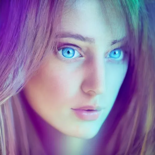 Image similar to Close-up photographic portrait of a beautiful girl with blue eyes and light brown hair a pretty girl with light brown hair , Low key lighting,High constrast, dramatic ,faded colors, pastel colors, Low-key light, flash studio, volumetric light, in the style of Blade Runner ,dark background, high quality,photo-realistic, 8K,-H 704