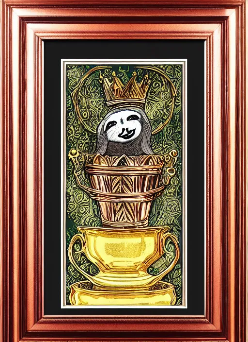 Image similar to sloth as the king of cups, copper cup, coper crown, poster framed, intricate details, medieval art style, high contrast, posterized