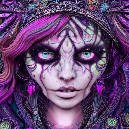 Image similar to psychadelic witch, beautiful face, hyper detailed, flowing psychadelic background intricate and detailed, ornate 8 k gorgeous intricate detailed, octane render