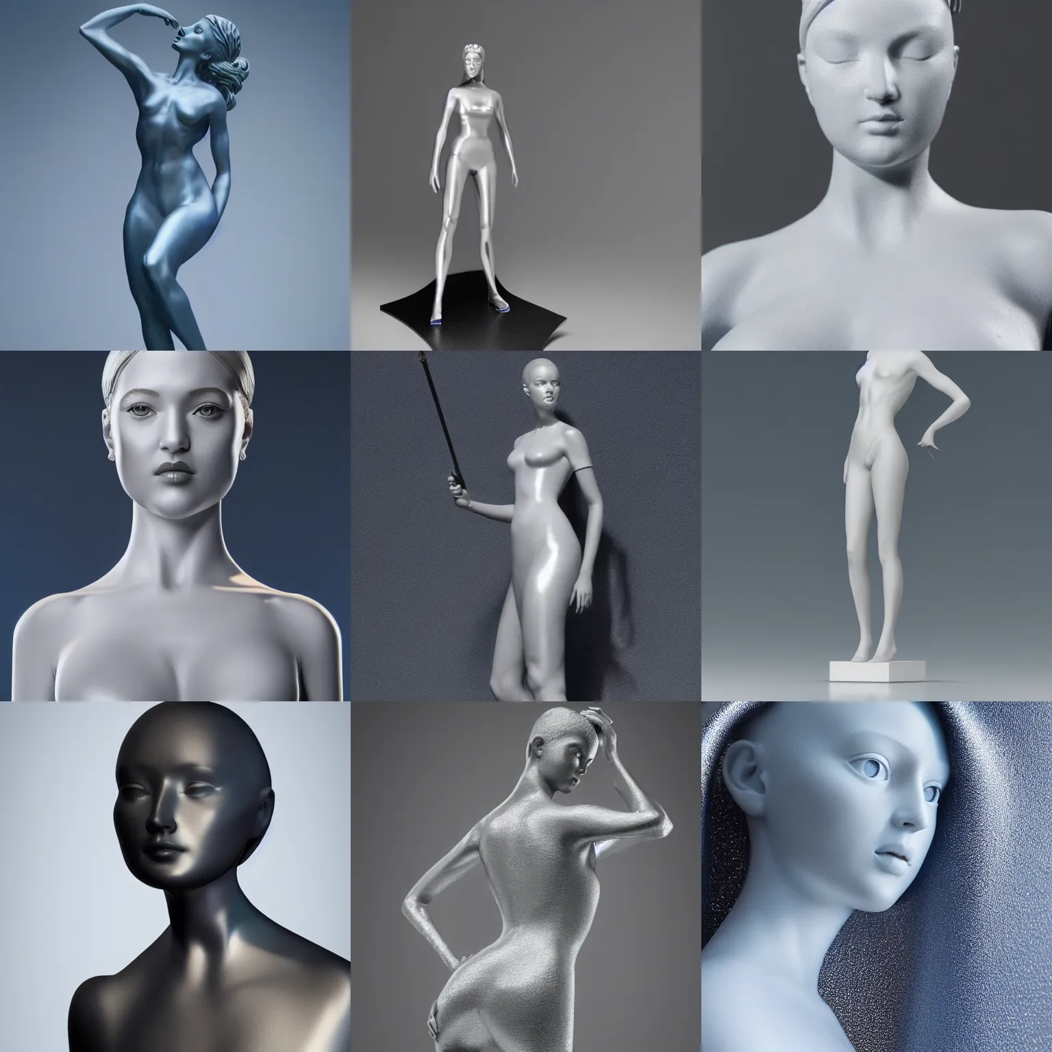 Prompt: ( statue the perfect woman ) designed by dior, studio photo, white backdrop, studio light, solid works, octane render, macro shot, in focus, dept of field, silver, blue, black design