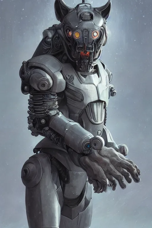 Image similar to portrait painting of a cybernetic grey werewolf with power armor, ultra realistic, concept art, intricate details, eerie, highly detailed, photorealistic, octane render, 8 k, unreal engine. art by artgerm and greg rutkowski and alphonse mucha