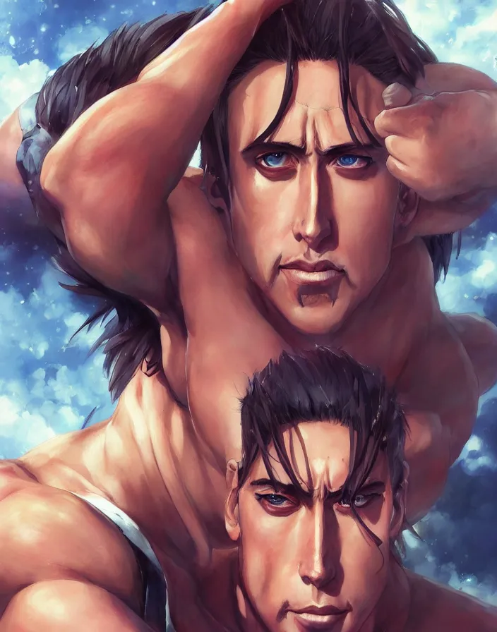 Image similar to anime portrait of nicolas cage as a muscular anime boy by Stanley Artgerm Lau, WLOP, Rossdraws, James Jean, Andrei Riabovitchev, Marc Simonetti, and Sakimichan, trending on artstation