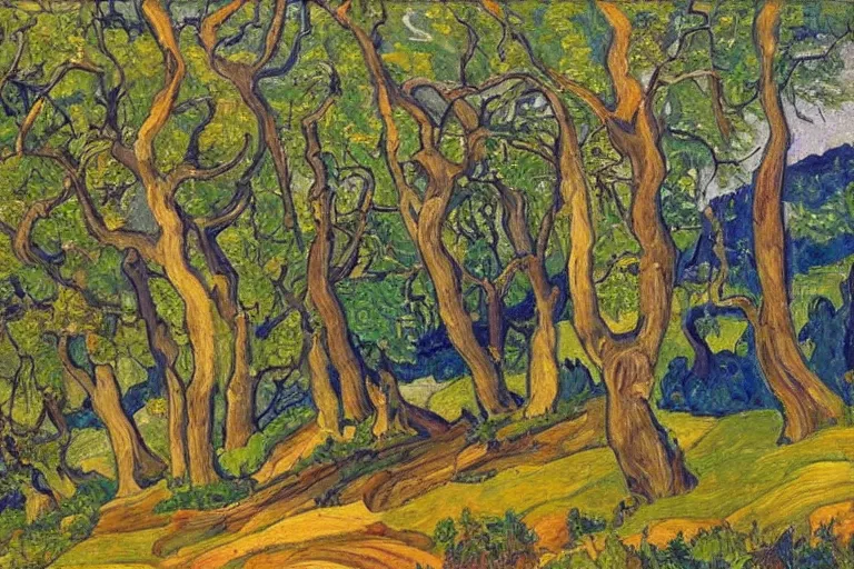 Image similar to masterpiece painting of oak trees on a hillside overlooking a creek, dramatic lighting, by arthur lismer