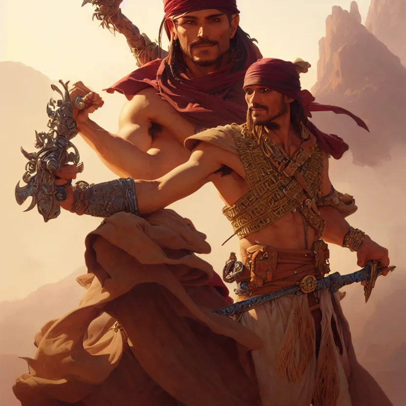 Image similar to , male pirate captain of the desert, muscular upper body, D&D, fantasy, intricate, elegant, highly detailed, digital painting, artstation, concept art, smooth, sharp focus, illustration, art by artgerm and greg rutkowski and alphonse mucha