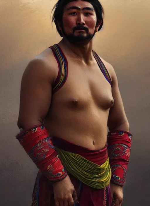 Prompt: a khuresh male wrestler!!!, tuvan national clothes!!, tuva, portrait, intricate, elegant, highly detailed, digital painting, artstation, concept art, wallpaper, smooth, sharp focus, illustration, art by artgerm and greg rutkowski and alphonse mucha