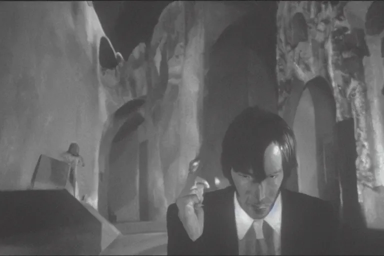 Prompt: movie scene from keanu reeves in The Cabinet of Dr. Caligari, hd, 4k, remaster, dynamic camera angle, deep 3 point perspective, fish eye, dynamic scene