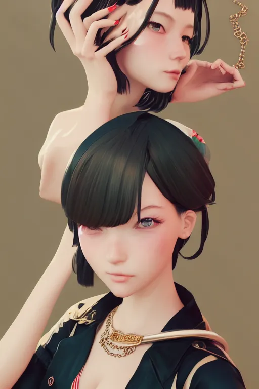 Image similar to a pin up and beautiful fashion charming dreamlke japan girl with lv jewelry, character art, art by wlop and and ilya kuvshinov, hyperdetailed, 8 k realistic, symmetrical, frostbite 3 engine, cryengine, dof, trending on artstation, digital art