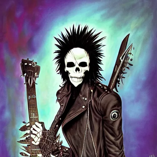 Prompt: a portrait of the grim reaper as a punk rocker playing an electric guitar, punk, skeleton face, mohawk, dark, fantasy, leather jackets, spiked collars, spiked wristbands, piercings, boots, ultrafine detailed painting by frank frazetta and vito acconci and michael whelan and takeshi obata, death note style, photoshop details