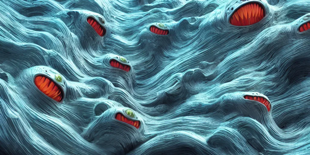 Image similar to of a stormy ocean with strange cute friendly happy creatures with huge eyes, mouth, long tongue, round teeth and goofy face, appearing from the background, in the style of gehry and gaudi, macro lens, shallow depth of field, ultra detailed, digital painting, trending artstation, concept art, illustration, cinematic lighting, photorealism, epic, octane render