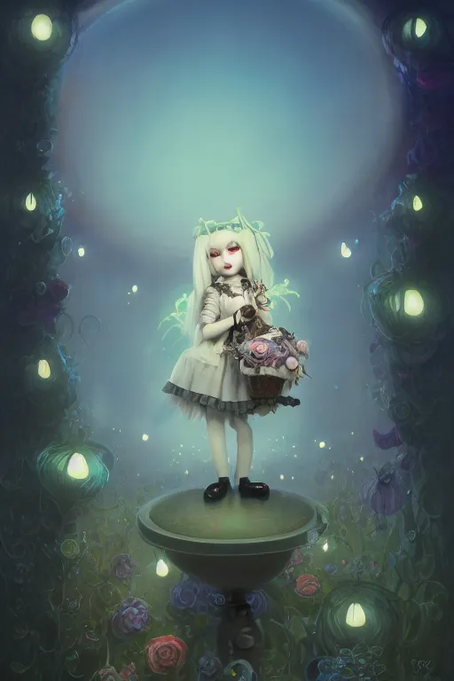 Image similar to a surreal Bioluminescent, very very very cute gothic lolita in a happy world by Daniel Merriam, Trending on Artstation, oil on Canvas by Elena Zhurikhina and Goro Fujita and Charlie Bowater, octane render, 4k, 8k, HD