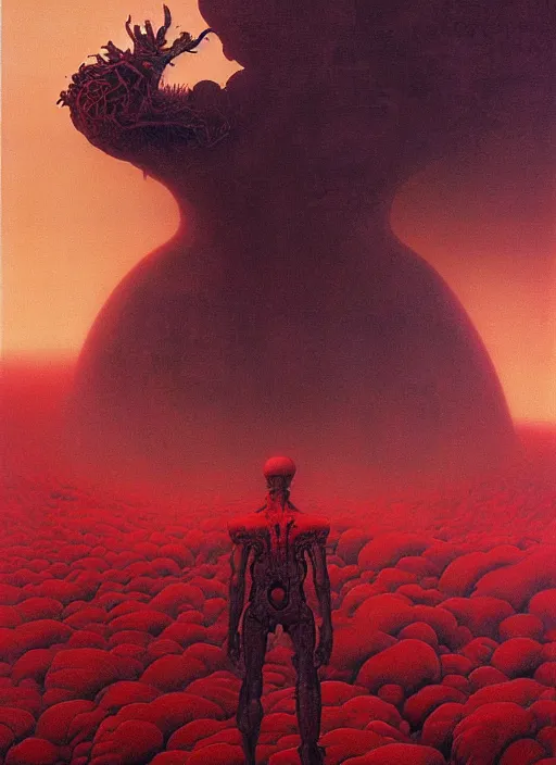 Image similar to hyper realistic end of the world by zdzisław beksinski and norman rockwell and greg rutkowskiweta studio, a red cyborg samurai, tokio futuristic in background, and lucasfilm, realm of the ovarian machine, horror art, blue and red hour