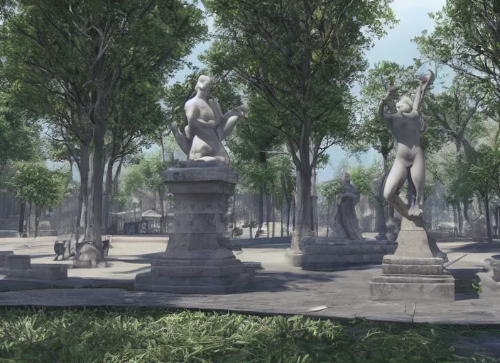 Image similar to a park with many marble statues, unreal engine,