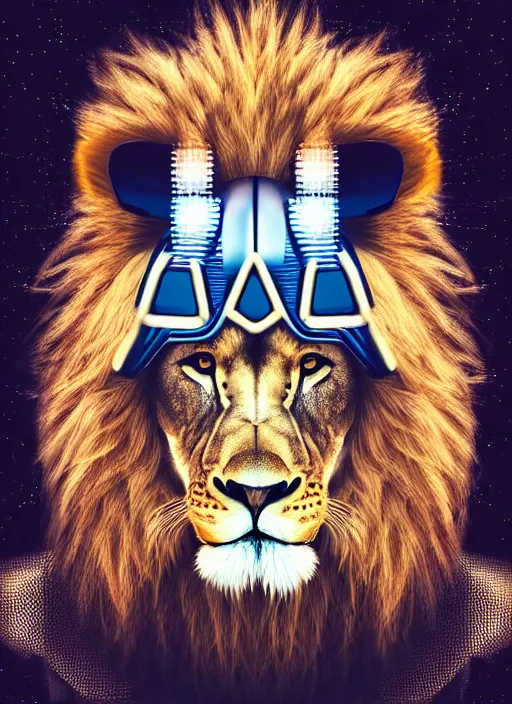 Image similar to portrait of a lion wearing a futuristic helmet, synth - wave,