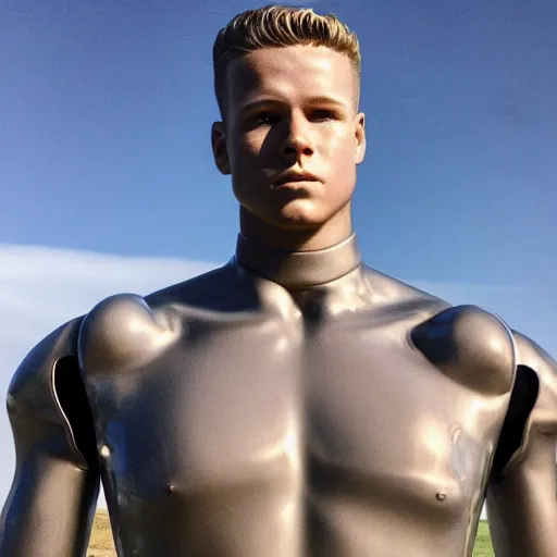 Image similar to a realistic detailed photo of a guy who is an attractive humanoid who is half robot and half humanoid, who is a male android, football player christian mccaffrey, shiny skin, posing like a statue, blank stare, by the beach, on display