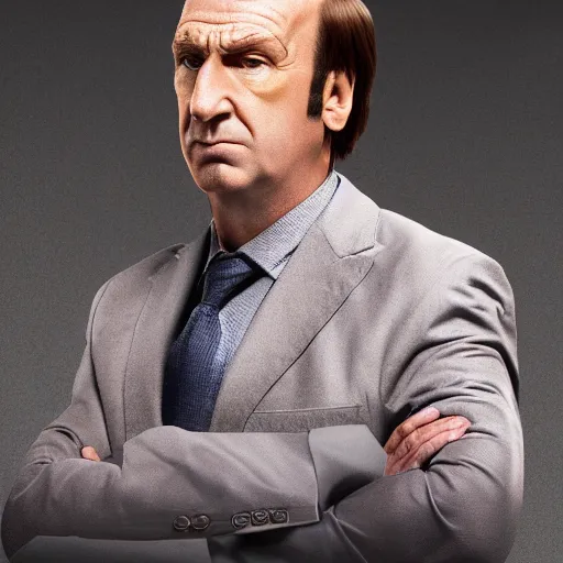 Image similar to saul goodman, stretched face, wide, cgi, render