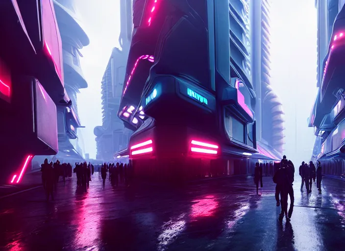 Image similar to a xenomorph colony blade runner 2 0 4 9 city architecture, spacex starship rocket launch, environmental lighting, stromy weather, ray tracing, people walking in street, amazing view, futuristic, highly detailed, heavy traffic, neon shops, octane render, unreal engine 5, artstation, 4 k