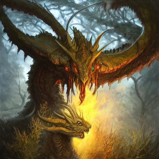 Image similar to oil painting of dragon forest, dnd character, fantasy, realistic textured skin, goat head, glowing eyes, sharp focus, artgem, boris valejo, frank frazetta, heavy metal style, trending on artstation, digital painting, julie bell, beautiful, very detailed,