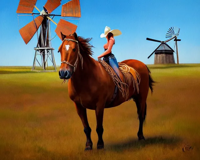 Image similar to a painting of a cowgirl riding her horse with texas wooden windmill in background, in the style of casey baugh and ed binkley, digital art