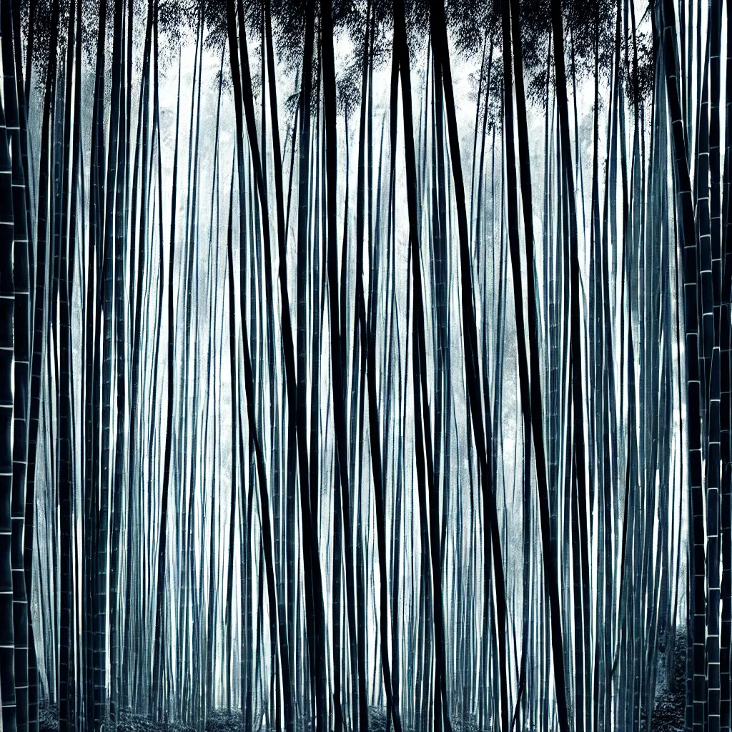 Image similar to bamboo forest with ferns by, mads berg, karolis strautniekas, film noir, stippled light, dramatic lighting, editorial illustration, detailed, fine texture, matte print, art deco, brutalism, dark blue + dark orange, red, black, ( ( habitat 6 7 background ) )