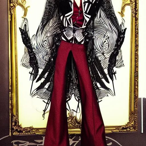 Prompt: paris fashion week jacket, designer runway shirt worn by vampire hunter d, open neck collar, syd mead, high fashion fantasy, designed by creepyyeha, digital art, ornate, intricate, elegant, vogue in caelid, milan fashion for demons